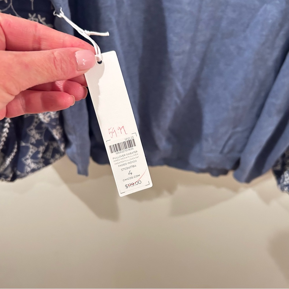 Chico's Embroidered Eylet Sleeve Light Blue Knit Top | Size 4 (XXL) | NWT - Picture 7 of 9